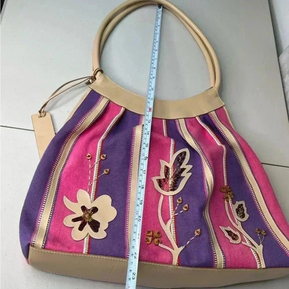 Sharif Marc & Marc Striped Beaded Floral Patch Large Leather/Canvas Tote Bag - Picture 13 of 15